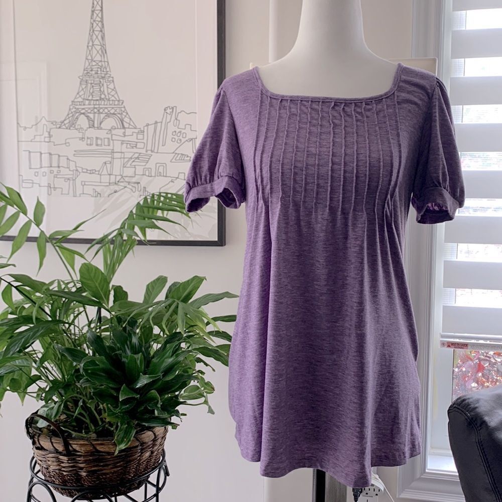 Purple Puff Sleeve Ribbed Blouse